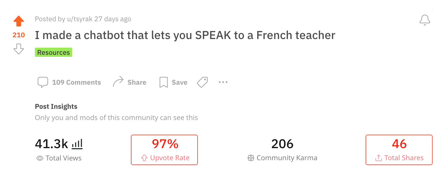 Gliglish Reddit statistics testimonial highlight